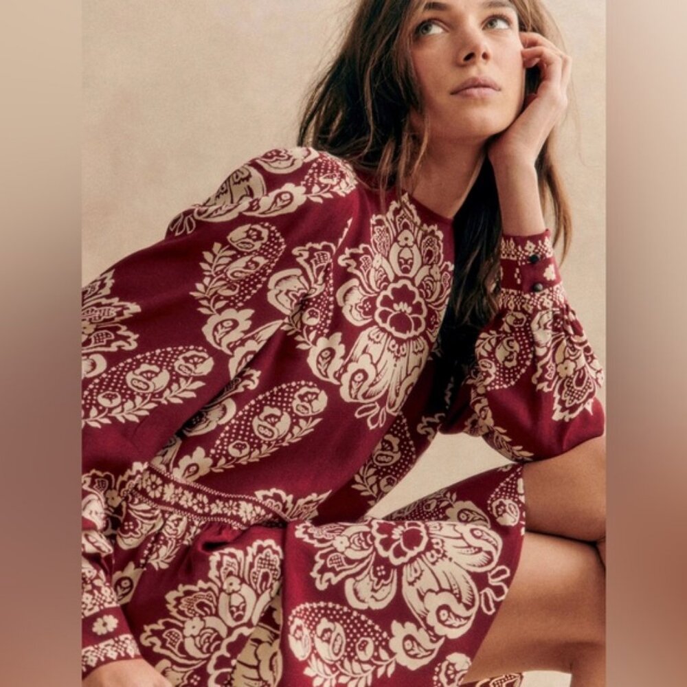 Sezane Andrea Dress Size 46 French US 14 Ornamental Print Burgundy Ecru Shift - Picture 1 of 14